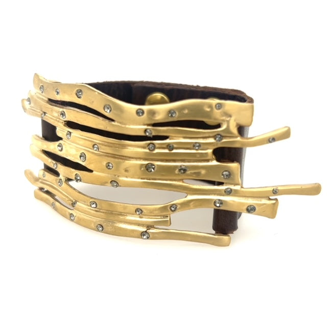 Metal Twig Leather Bracelet in Gold Finish