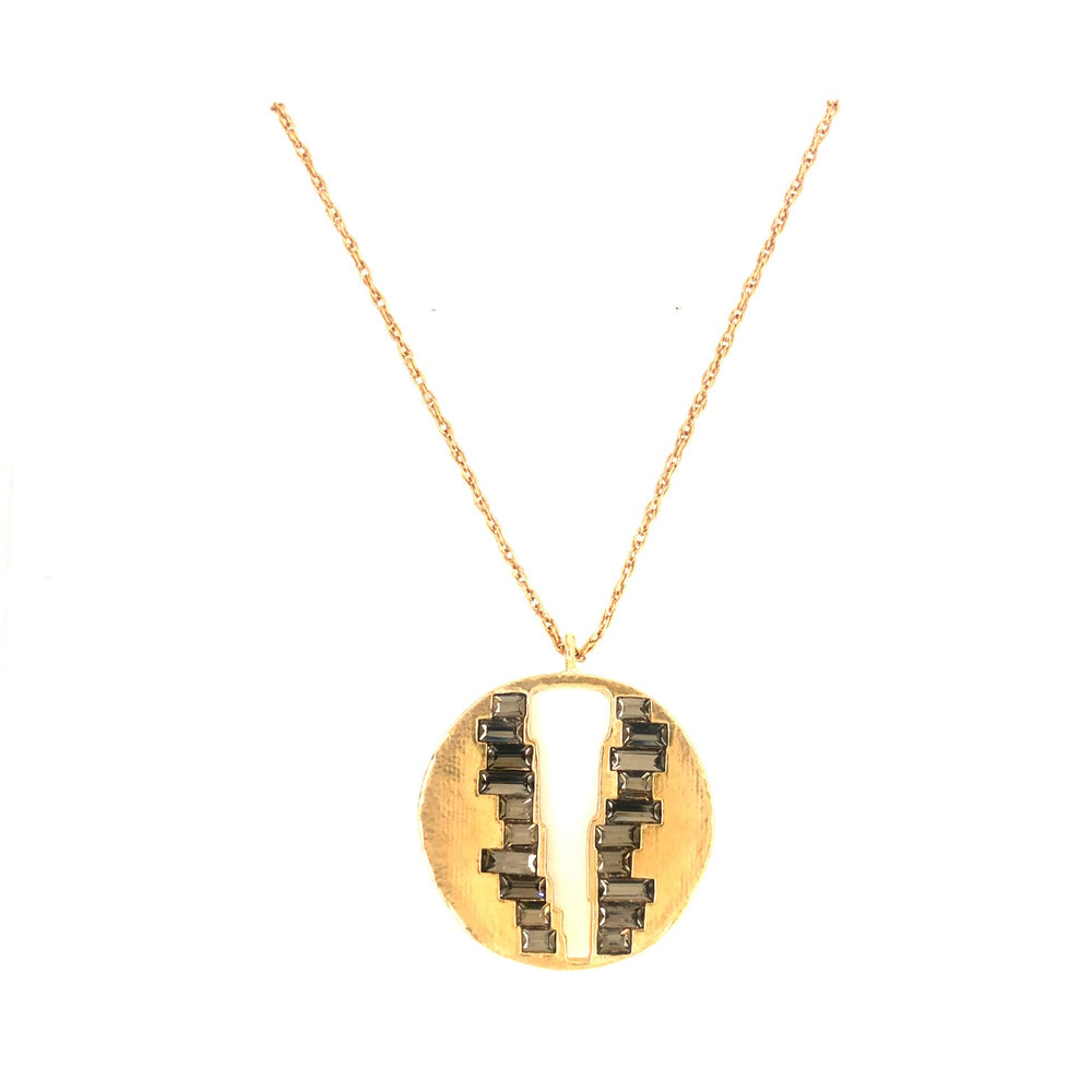V Cut-Out Baguette Round Medallion Necklace in Gold Finish