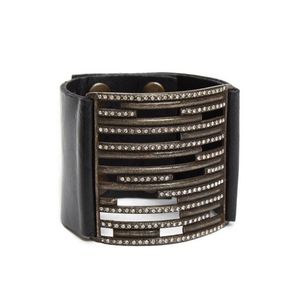 Wide Metal Crystal Lined Leather Bracelet