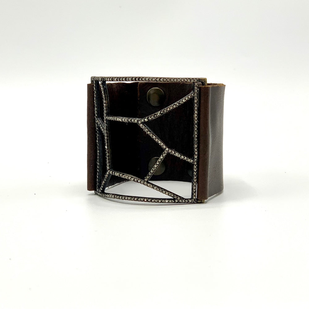 Pave Lined Open Rectangle Leather Bracelet